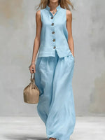 Sleeveless Button-Down Top and Wide-Leg Pant Set