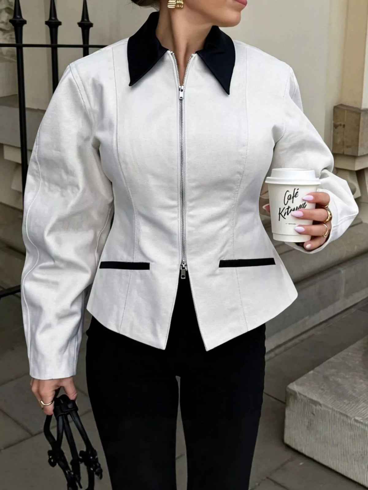 Contrast Collar Zip-Up Jacket