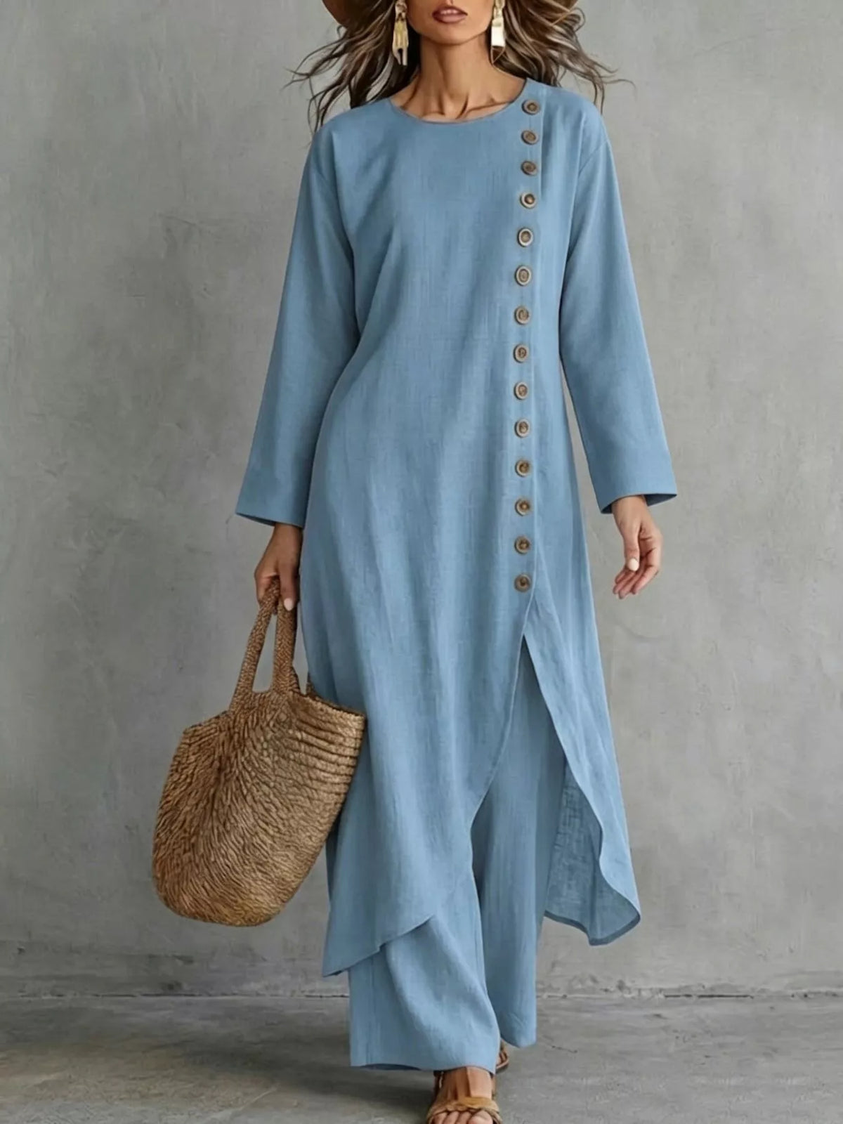 Full Size Side-Buttoned Longline Top and Pants Set Plus Size