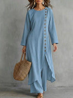 Full Size Side-Buttoned Longline Top and Pants Set Plus Size
