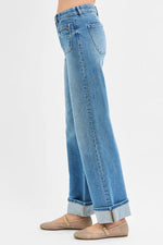 RISEN Full Size Elastic Band Mid Rise Wide Front Patch Pocket Cuff Jeans Plus Size - Ladyez