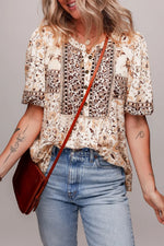 Boho Floral Print Half Placket Short Sleeve Loose Blouse