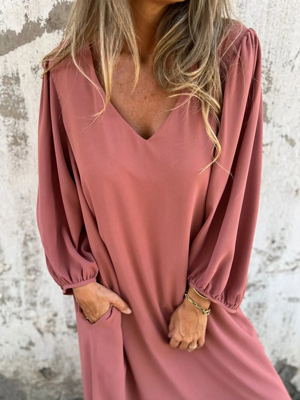 Full Size Slit V-Neck Balloon Sleeve Midi Dress Plus Size