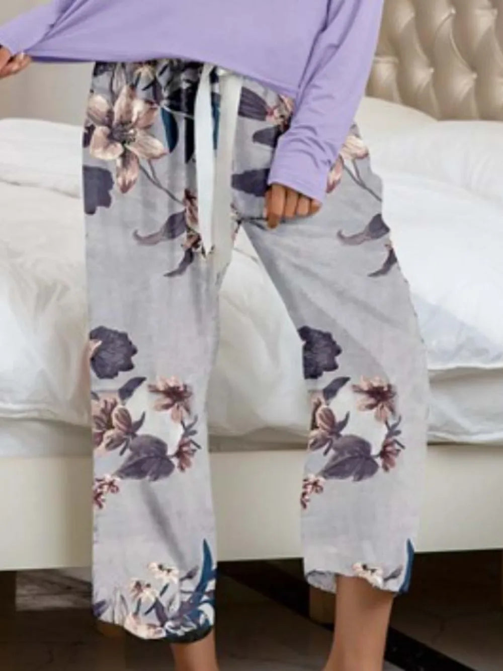 Round Neck Top and Printed Pants Lounge Set - Ladyez