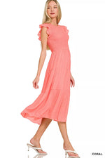 Zenana Woven Smocked Ruffle Sleeve Midi Dress