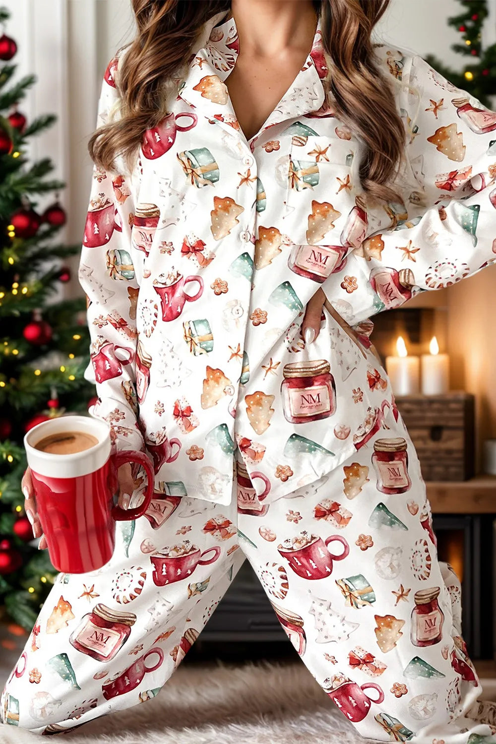 Printed Collared Neck Top and Pants Lounge Set - Ladyez