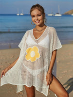 Angel Wings Openwork Flower V-Neck Short Sleeve Cover Up - Ladyez