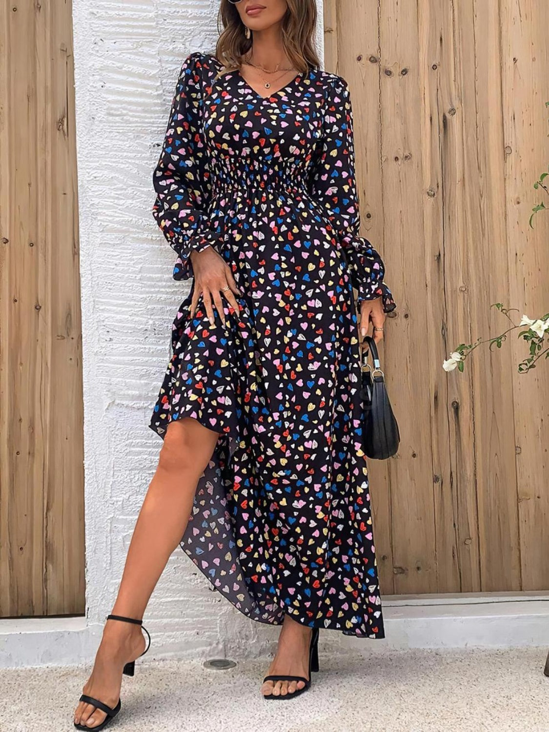 Smocked Printed V-Neck Flounce Sleeve Dress - Ladyez