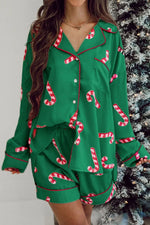 Candy Cane Collared Neck Long Sleeve Top and Shorts Lounge Set - Ladyez