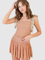 Smocked Tie Shoulder Top and Mini Skirt Set