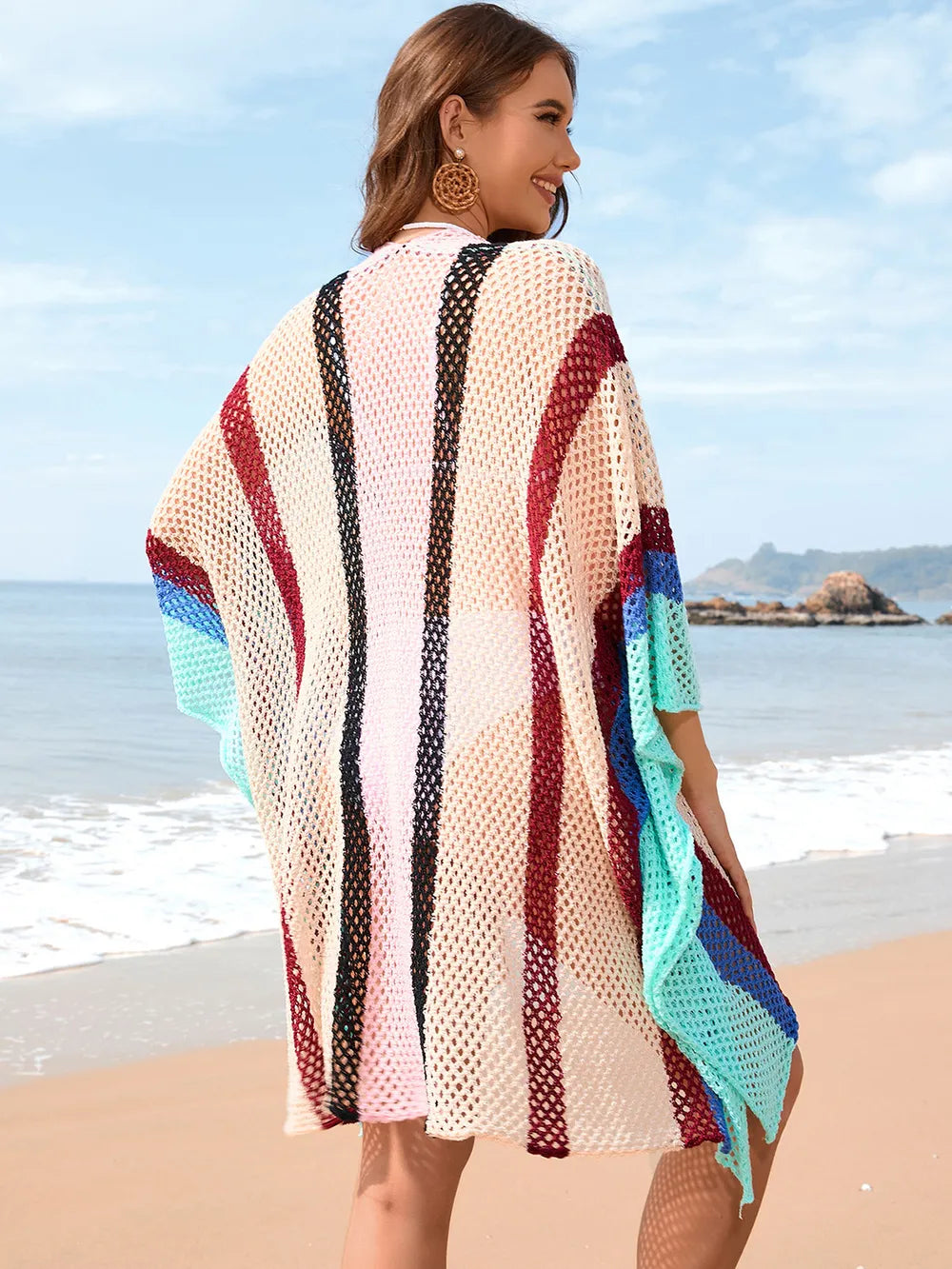 Openwork Color Block Plunge Cover-Up - Ladyez