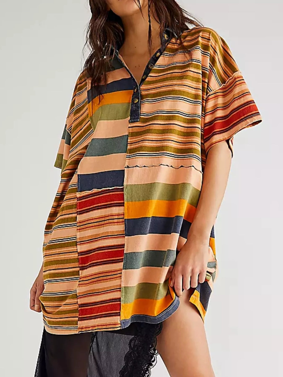 Striped Oversized Half Button Shirt Dress