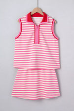 Half Zip Striped Sleeveless Top and Skirt Set