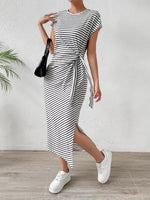 Honey Tied Striped Round Neck Short Sleeve Tee Dress - Ladyez