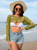 Distressed Boat Neck Long Sleeve Cover Up - Ladyez