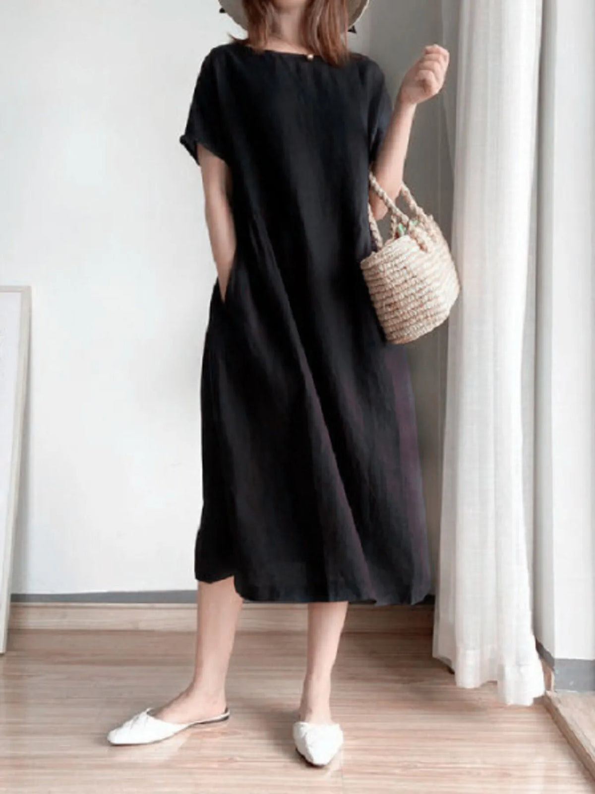 Full Size Casual Round Neck Midi Dress Plus Size - Ladyez