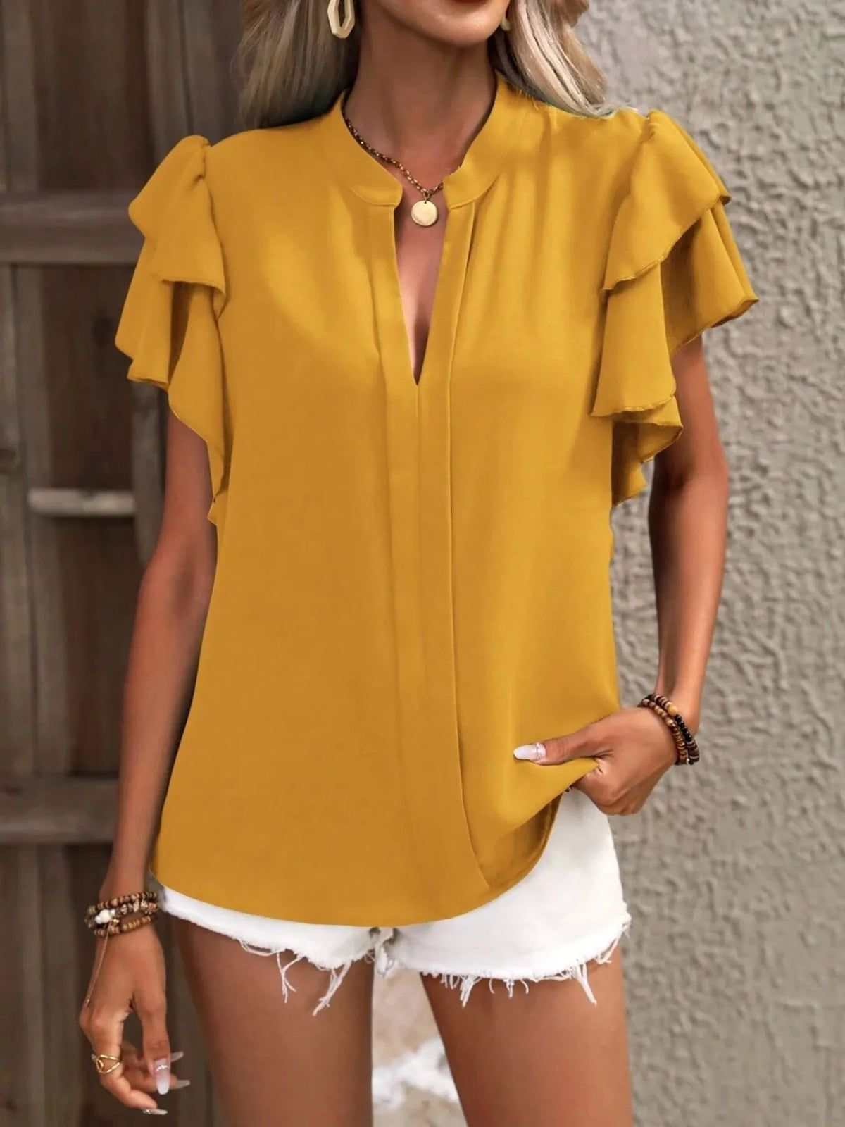 Ruffle Sleeve Notched Blouse - Ladyez