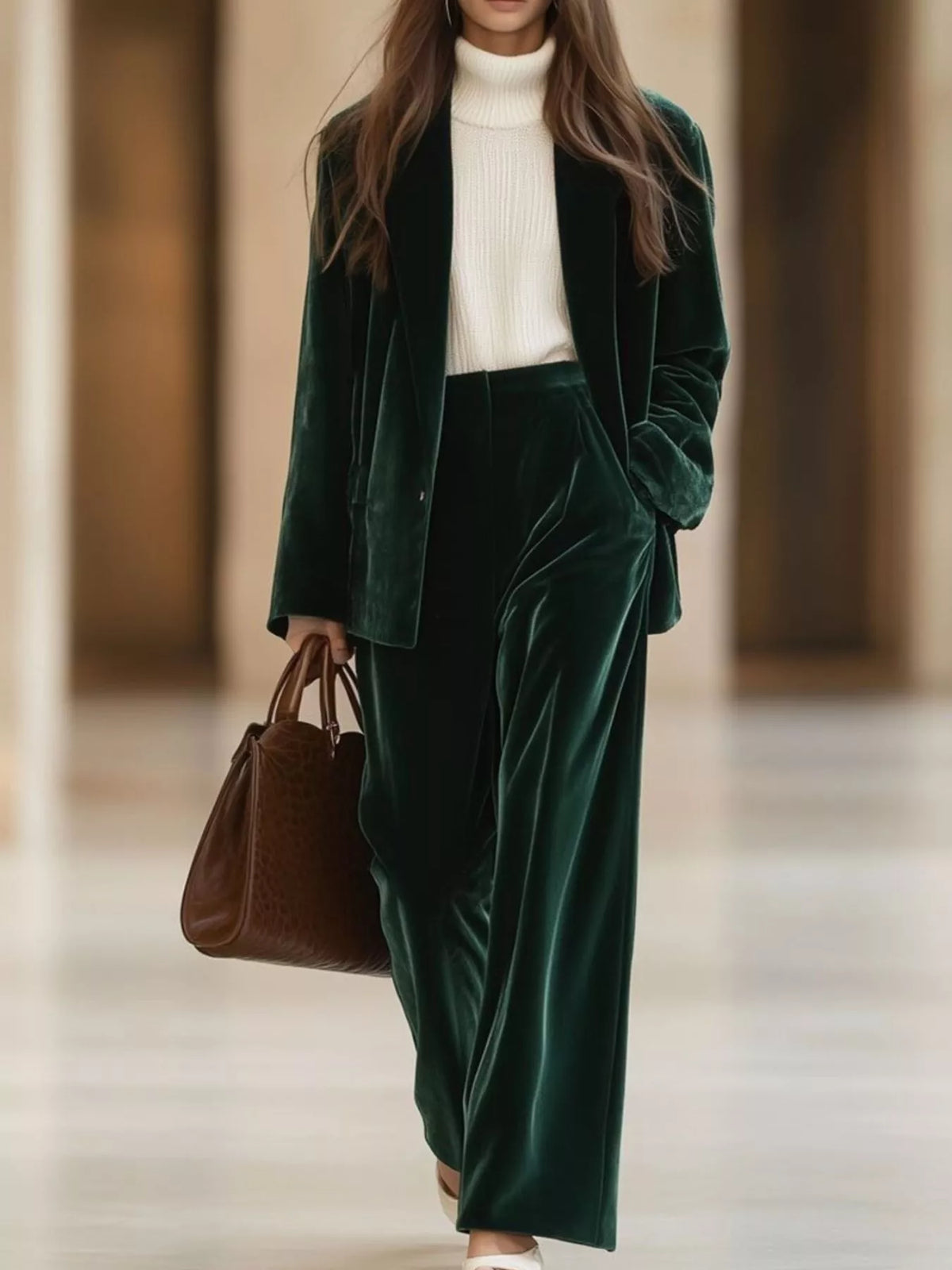 Velvet Blazer and Wide-Leg Pants Two-Piece Set