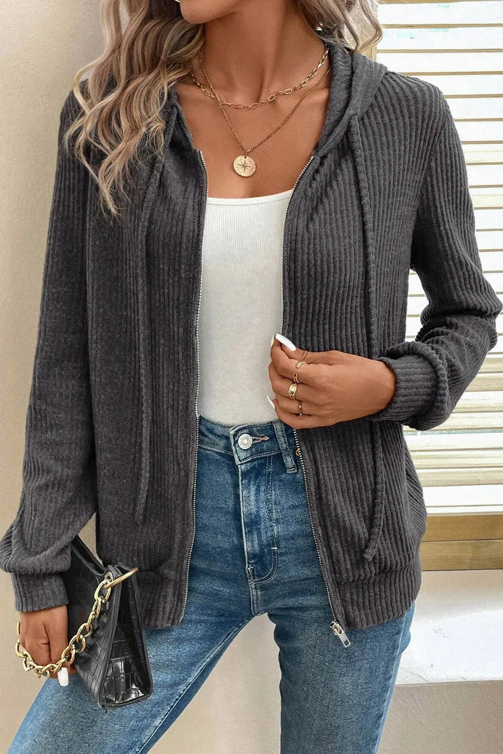 Drawstring Zip Up LongSleeve Hooded Jacket