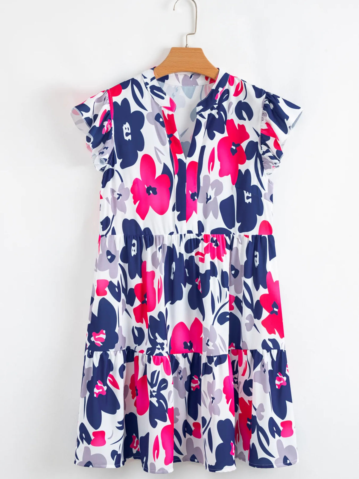 Printed Notched Neck Flutter Sleeve Mini Dress - Ladyez
