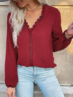Lace Detail V-Neck Long Sleeve Blouse