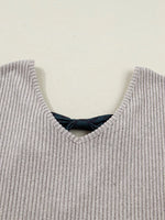 Ribbed V Neck Contrast Ribbon Bow Back Drop Shoulder Long Sleeve Top