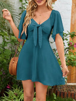 Smocked Back Knotted Flutter Sleeve Dress - Ladyez