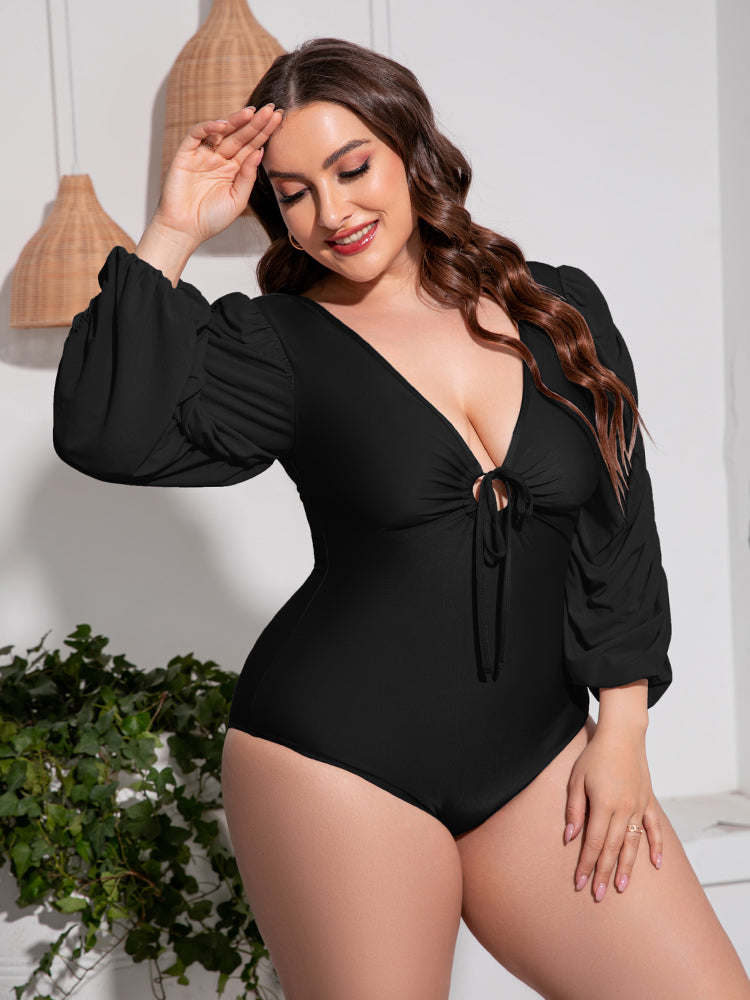 Plus Size Tied Deep V Balloon Sleeve One-Piece Swimsuit - Ladyez