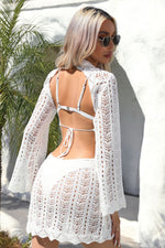 Angel Wings Openwork Scalloped Trim Long Sleeve Cover-Up Dress - Ladyez