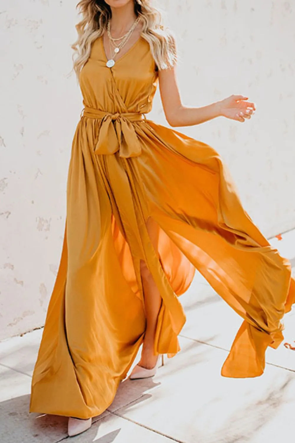Surplice Tie Waist Maxi Dress - Ladyez