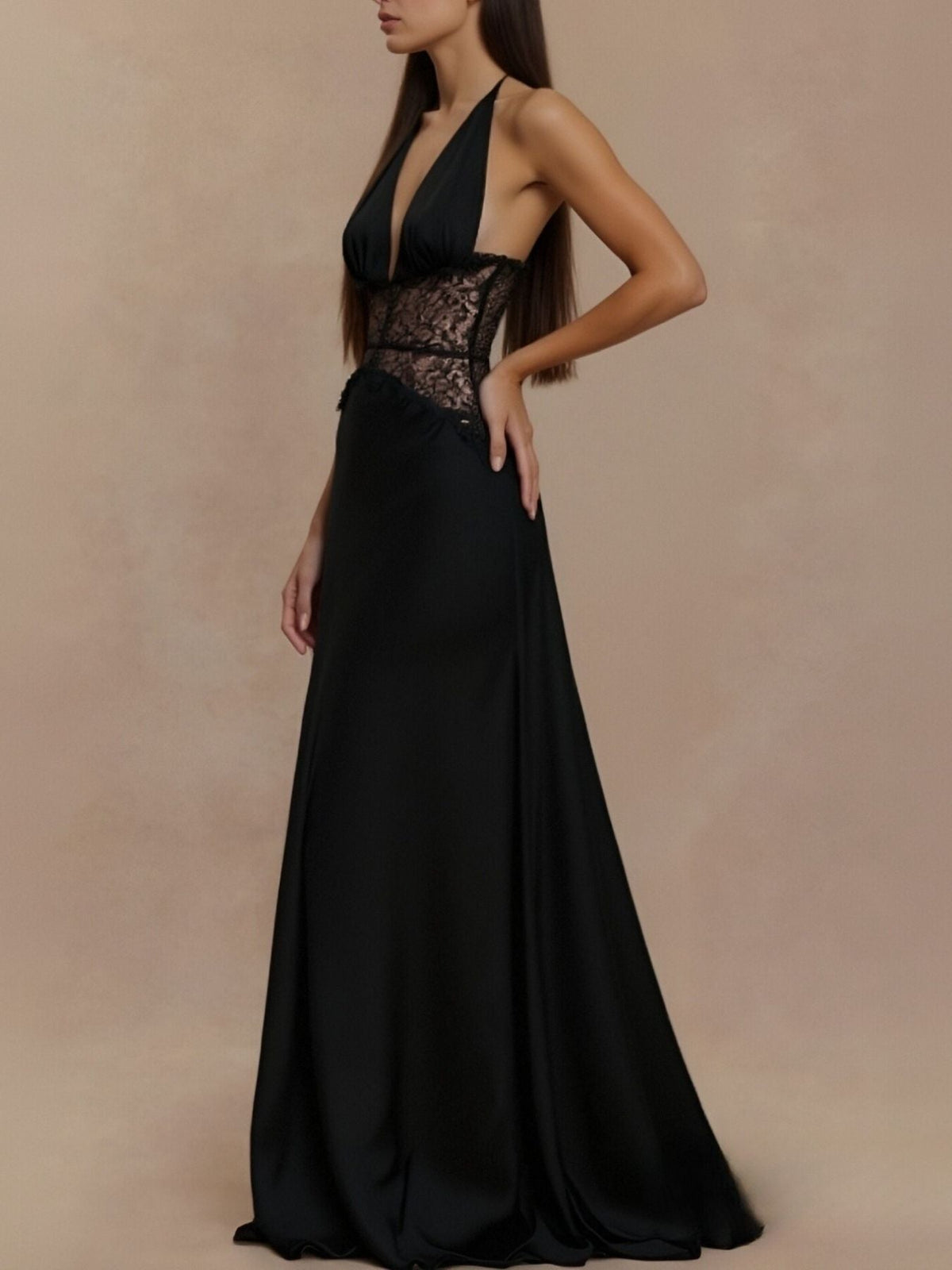Halter Neck Lace Trimmed Maxi Dress