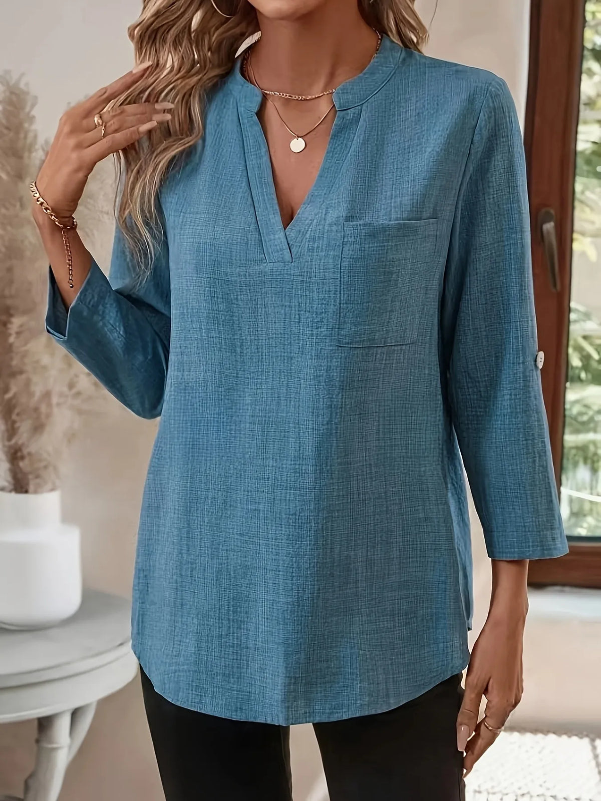 Notched Roll-Tab Sleeves Blouse - Ladyez