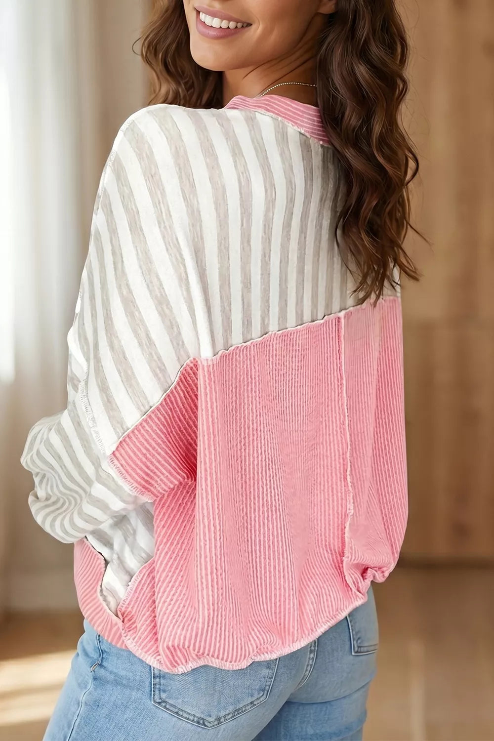 Twisted Rib Trim Striped Round Neck Loose Pullover Sweatshirt