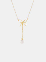 Stainless Steel Bow Pendant Necklace with Pearls