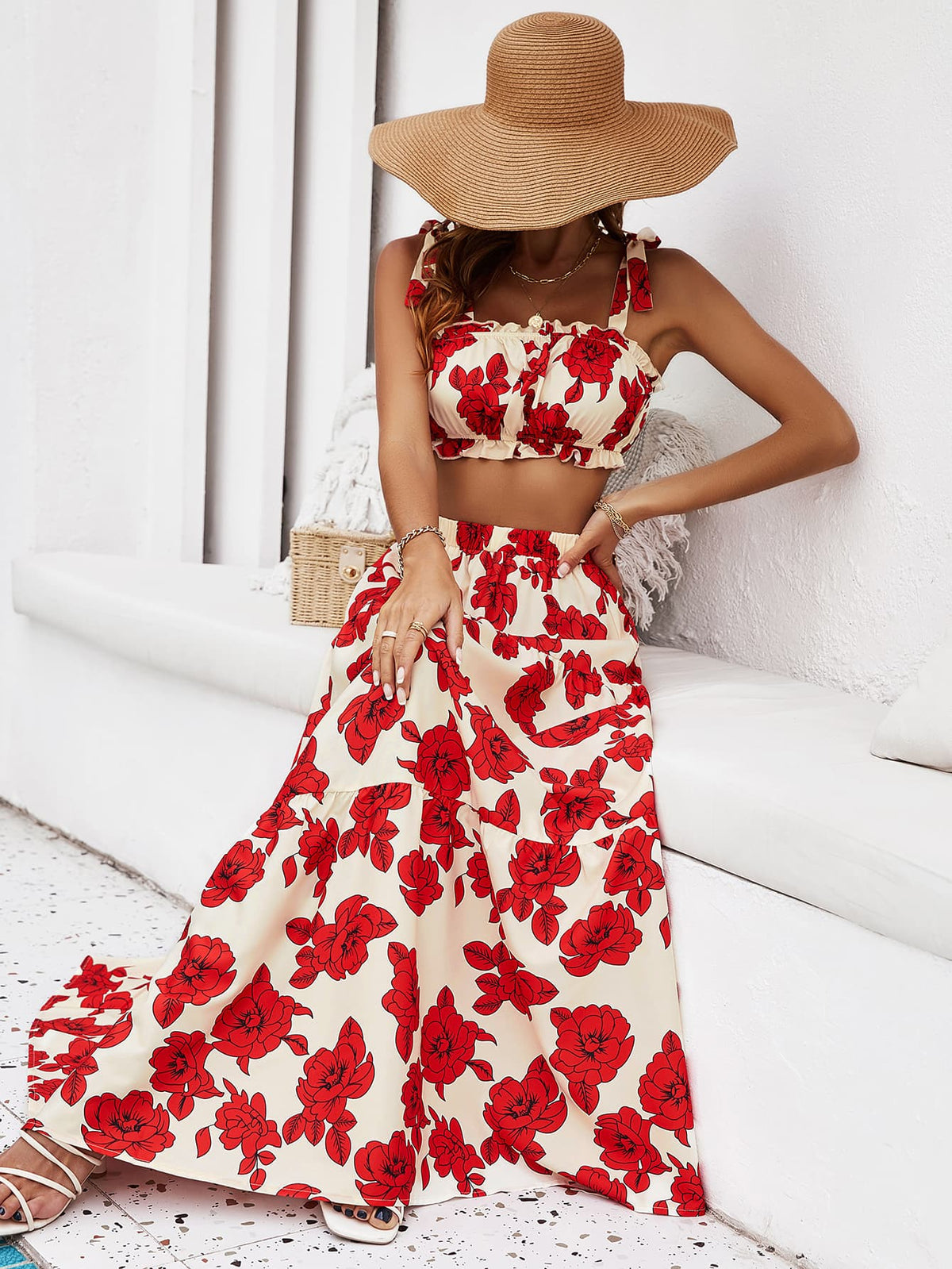 Honey Floral Tie Shoulder Top and Tiered Maxi Skirt Set - Ladyez