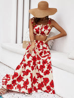 Honey Floral Tie Shoulder Top and Tiered Maxi Skirt Set - Ladyez