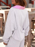 Contrasted Trim Frilled Collar Drop Shoulder Top and Drawstring Pant Set