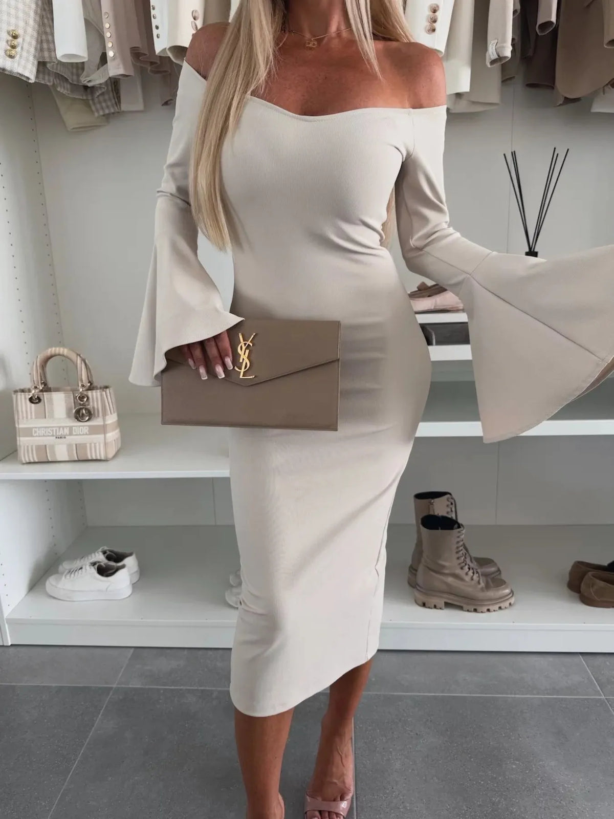 Off Shoulder Bell Sleeve Bodycon Midi Dress - Ladyez