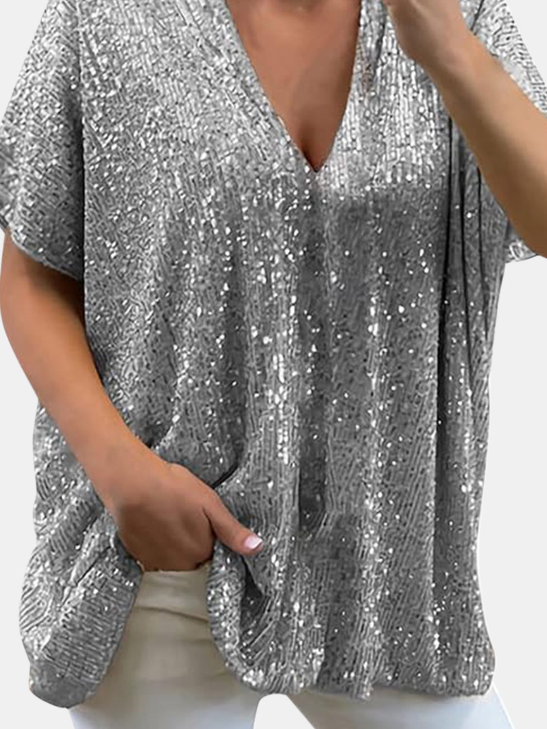 Full Size Sequin V-Neck Short Sleeve Top - Ladyez