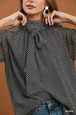 Umgee Dot Print Tie Neck Long Sleeve Blouse