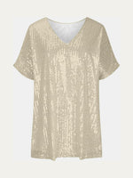 Full Size Sequin V-Neck Short Sleeve Top - Ladyez
