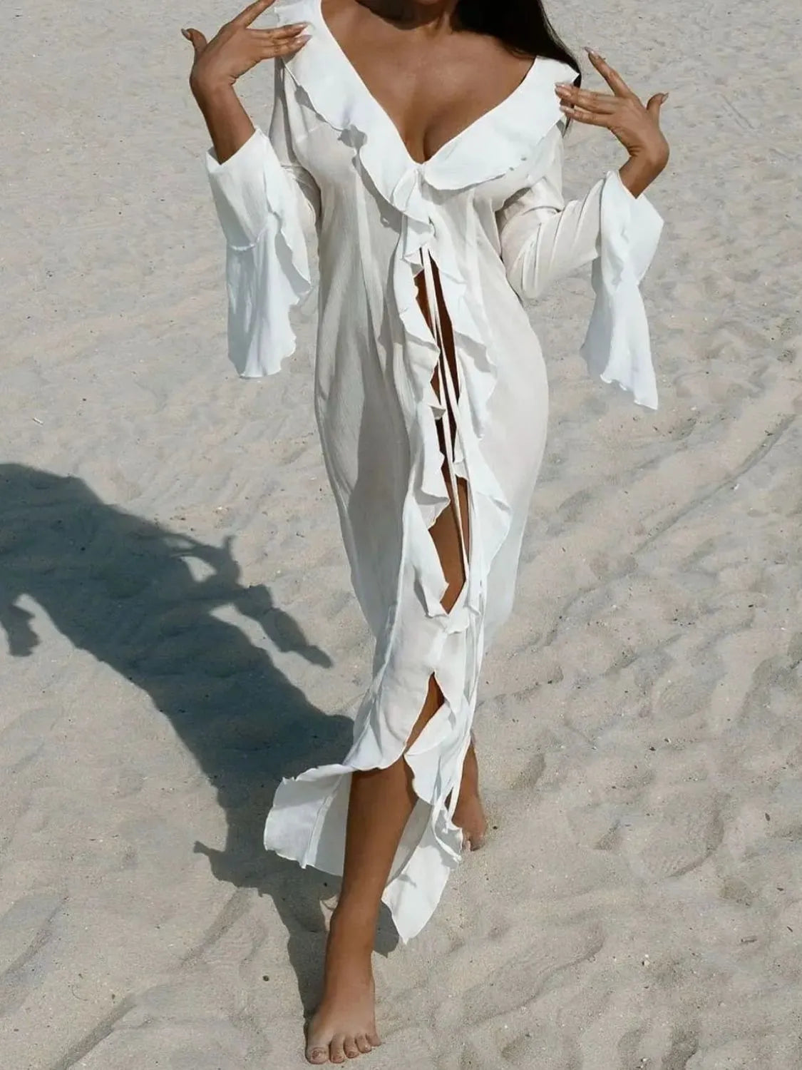 Ruffled Long Sleeve Cover-Up Dress - Ladyez