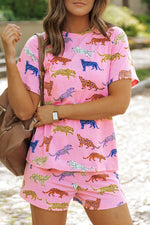Animal Round Neck Top and Shorts Lounge Set - Ladyez