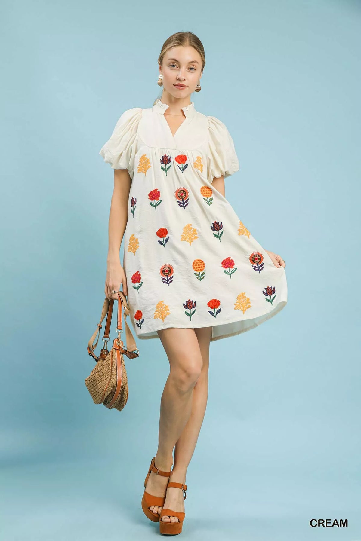 Umgee Floral Embroidered Puff Sleeve Mini Dress