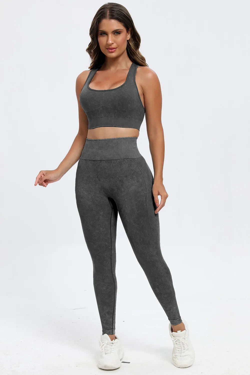 3 Piece Washed Square Neck Wide Strap Active Set - Ladyez