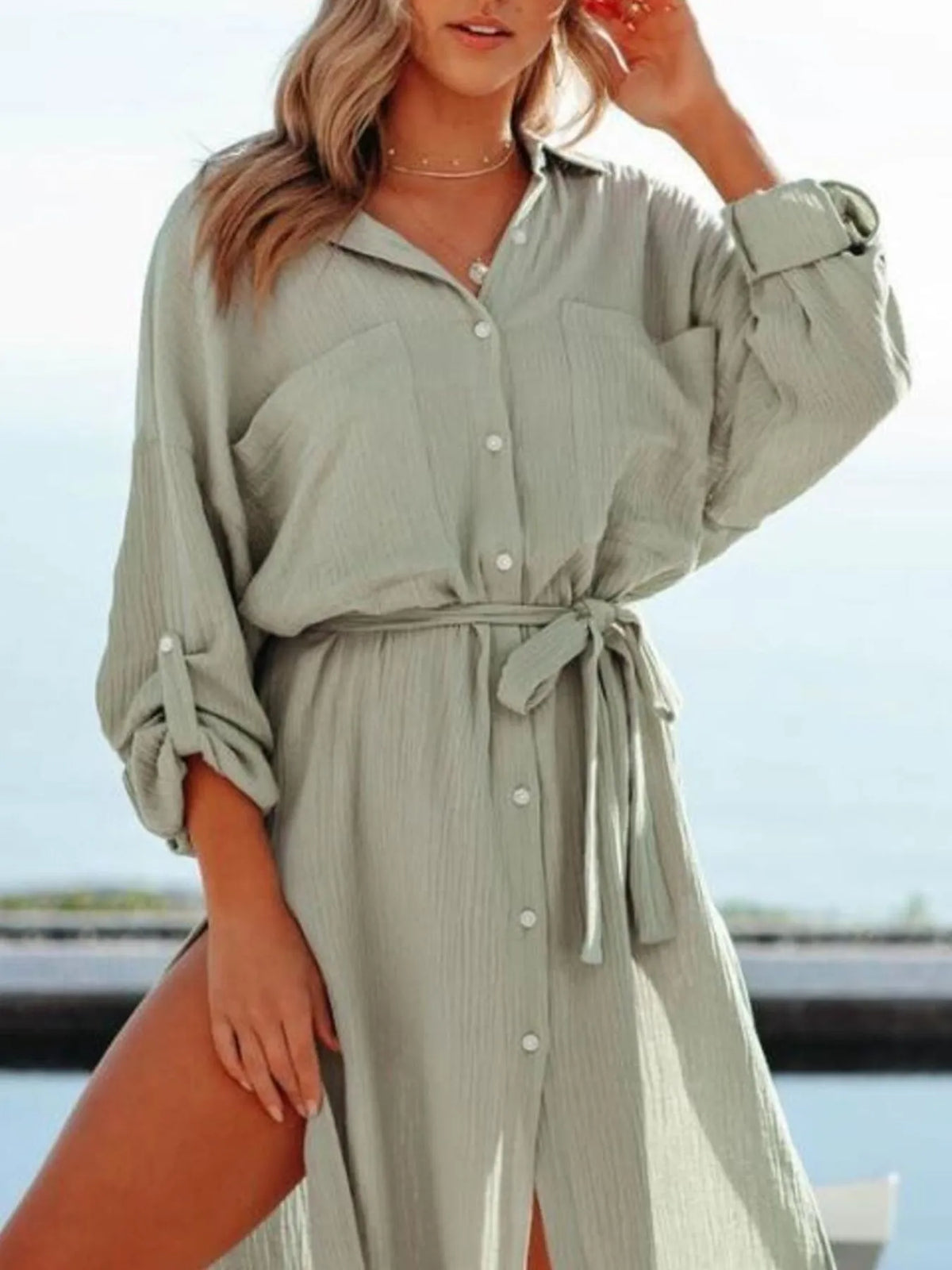 Button Down Tie Waist Shirt Dress