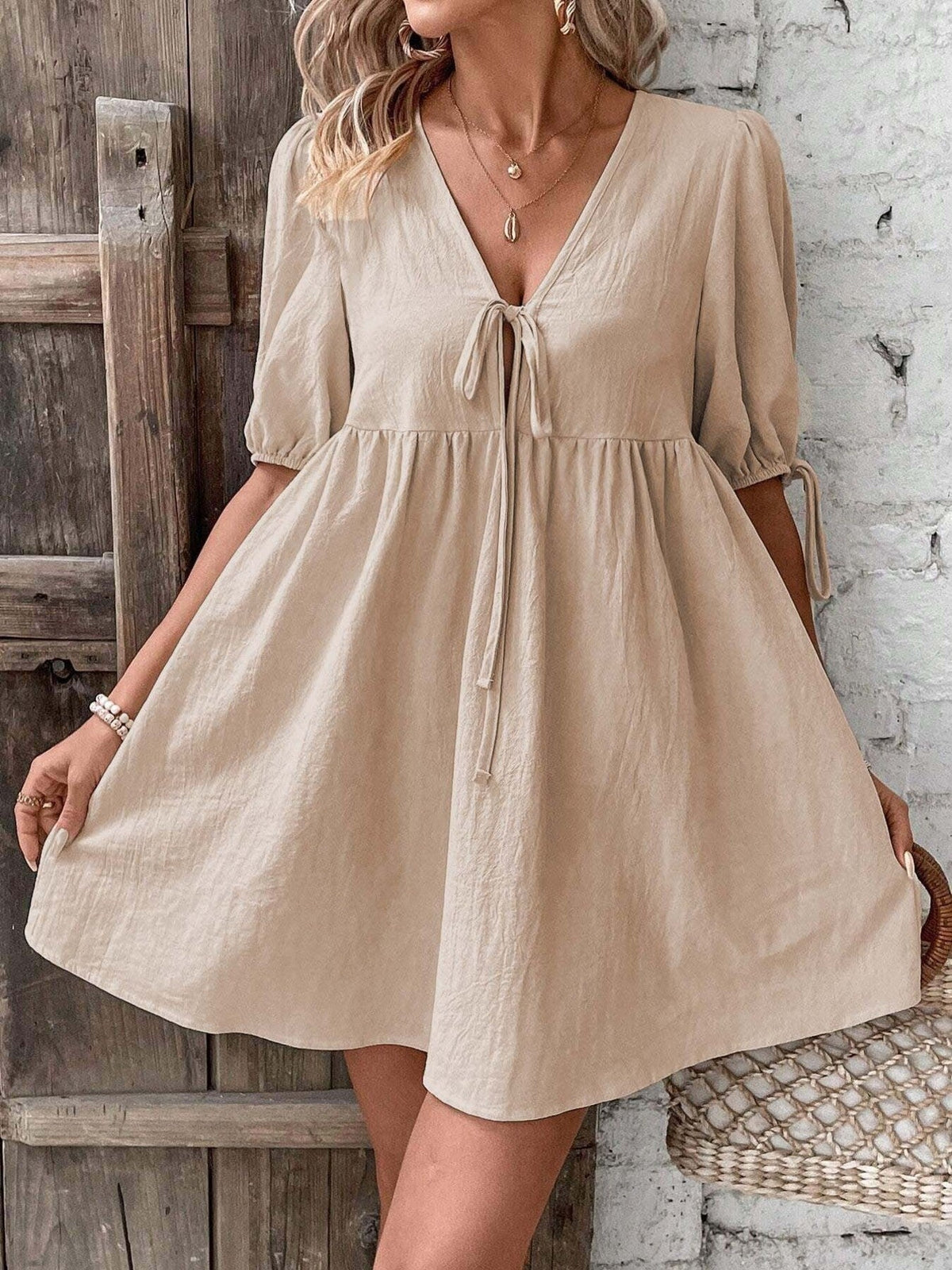 Tie Front Puff Sleeve Mini Dress