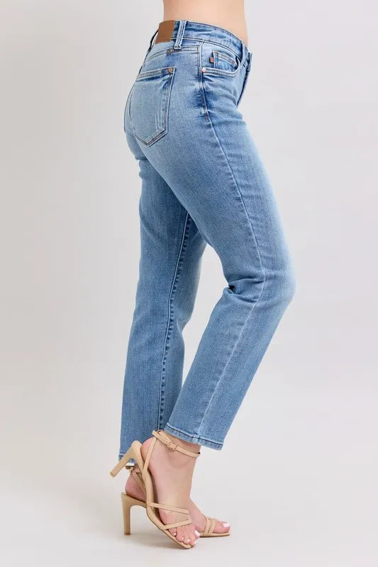 Judy Blue Full Size Mid Rise Vintage Wash Slim Jeans with Cell Phone Pocket Plus Size