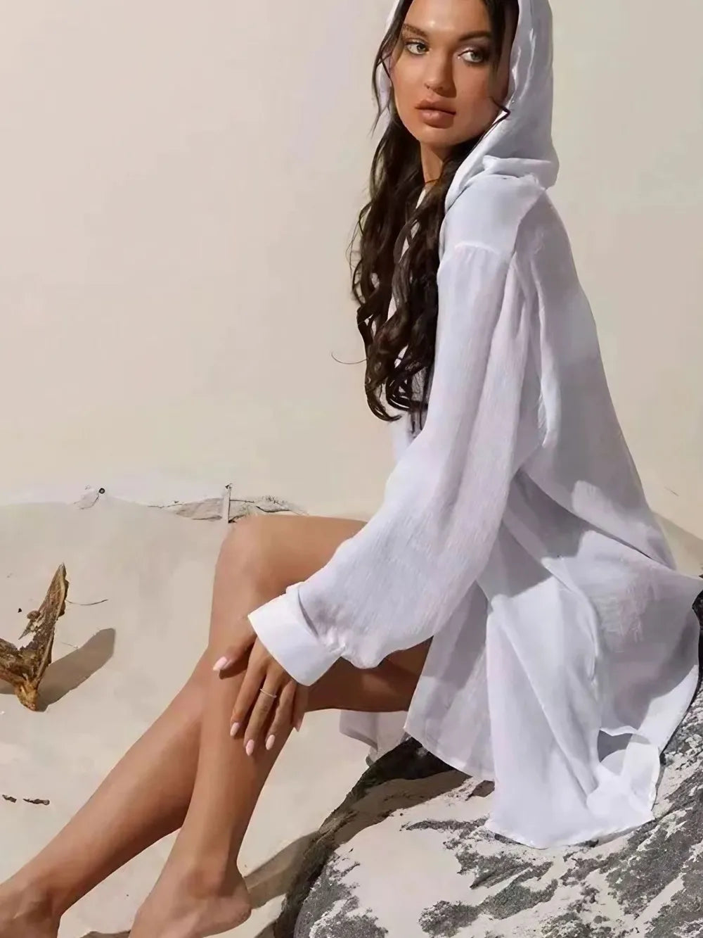 Button Down Hooded Cover-Up - Ladyez