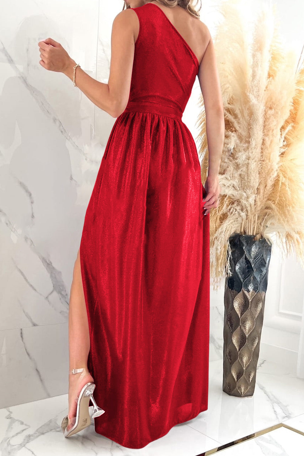 One Shoulder Slit Ruched Maxi Dress - Ladyez